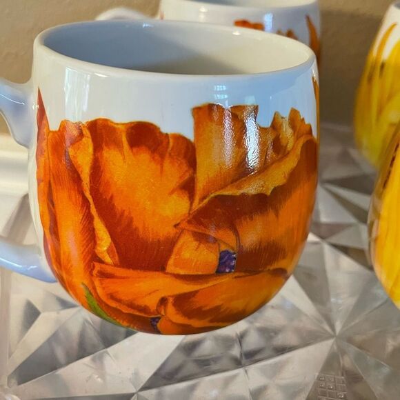 Konitz Sunflower and Orange Poppy Ceramic Mugs set of 4 - Picture 8 of 16